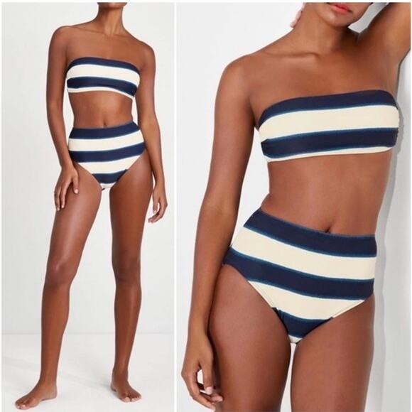 Kate Spade Awning Stripe Bandeau Bikini Swimsuit Blazer Blue Size Large NEW N15 - Picture 1 of 10